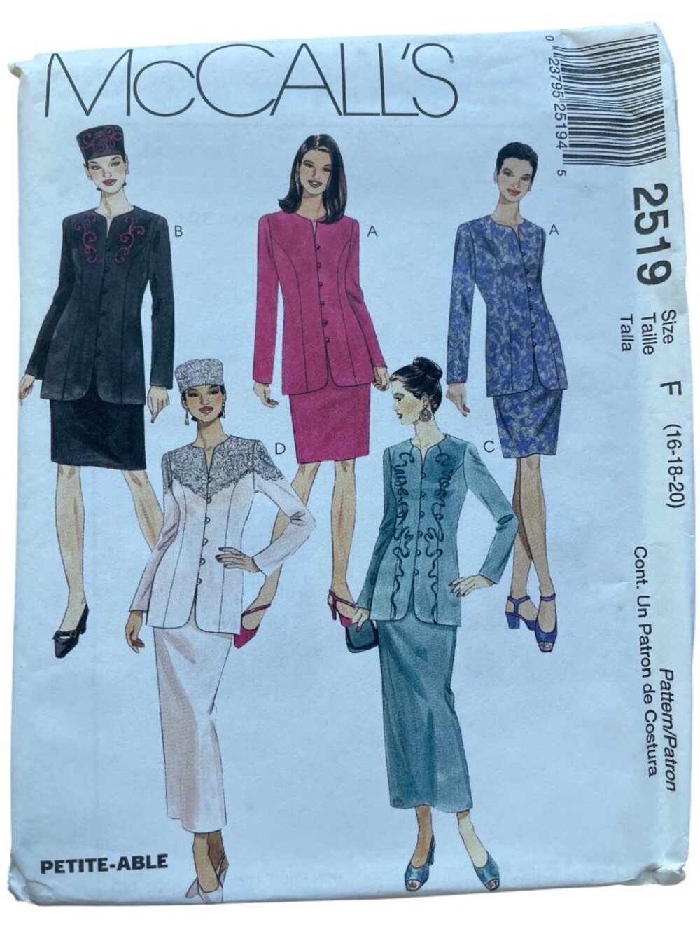Vintage 90s McCalls 2519 Sewing Pattern Size 16-18-20 Jacket Skirt & Hat CUT